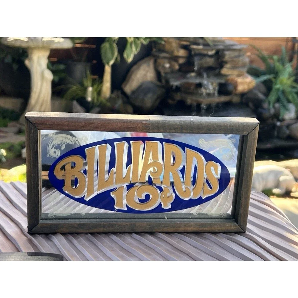 Vintage 1974 Wallace Berrie Billiards Mirror Sign Wood Frame Bar Decor